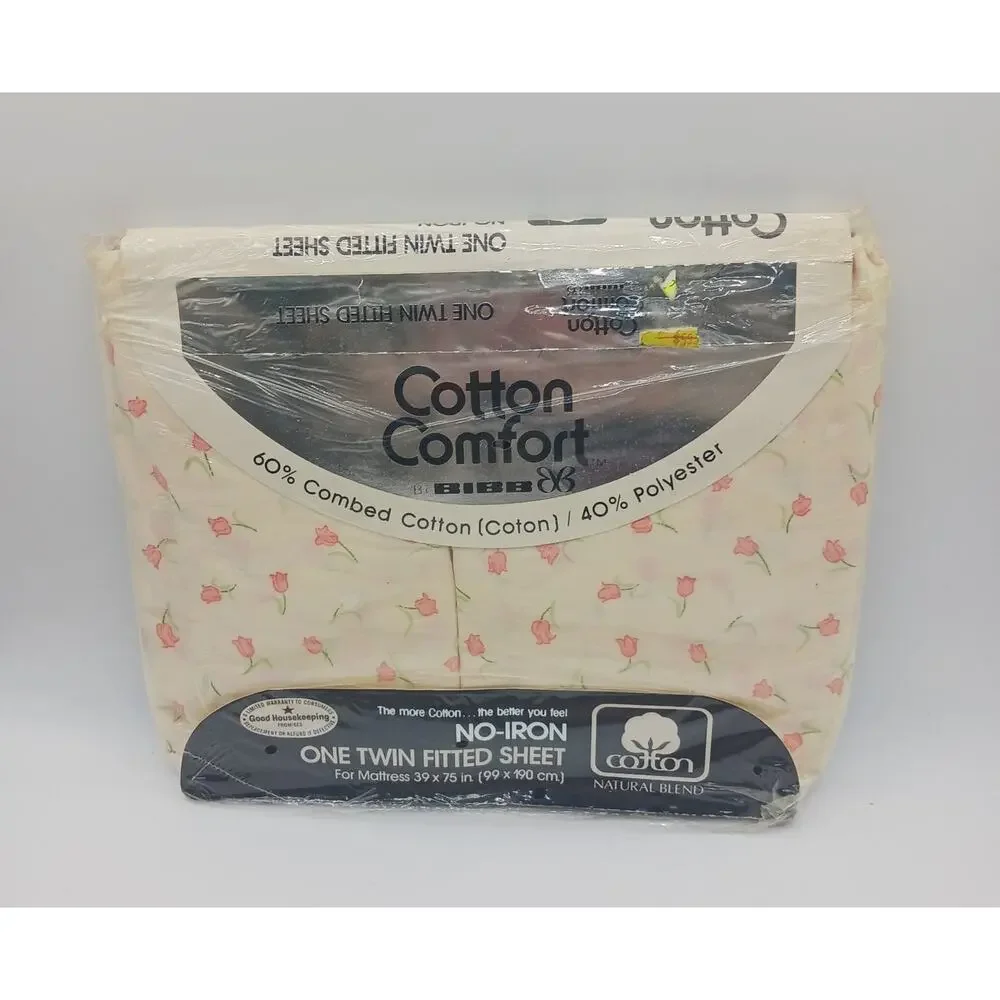 VTG Cotton Comfort by Bibb Twin Fitted Sheet No Iron Floral Tulips Cream Durham
